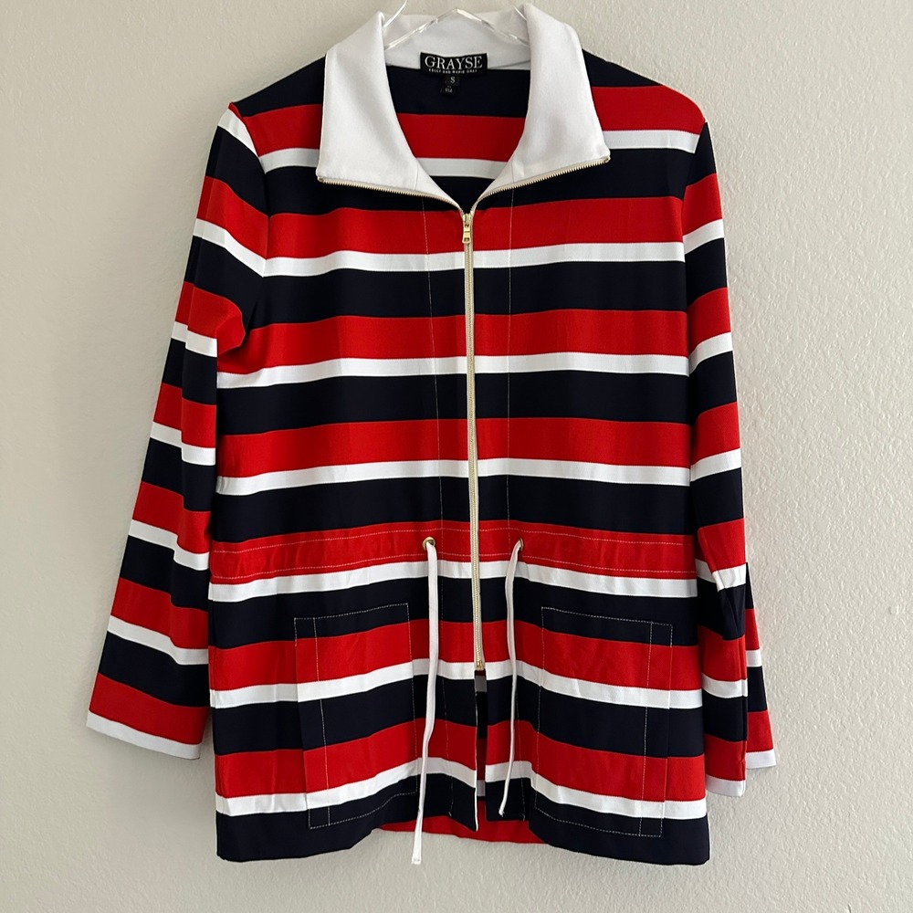 Grayse Zip Up Jacket Womens S Red White Navy Blue Striped Drawstring Waist USA